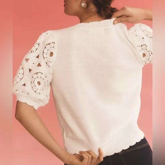 By Anthropologie Short-Sleeve Crochet Cardigan Sweater - Picture 3 of 13